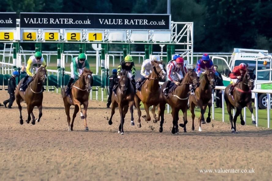 Image shows horses  leaving the sytarting stalls on an All Weather surface.