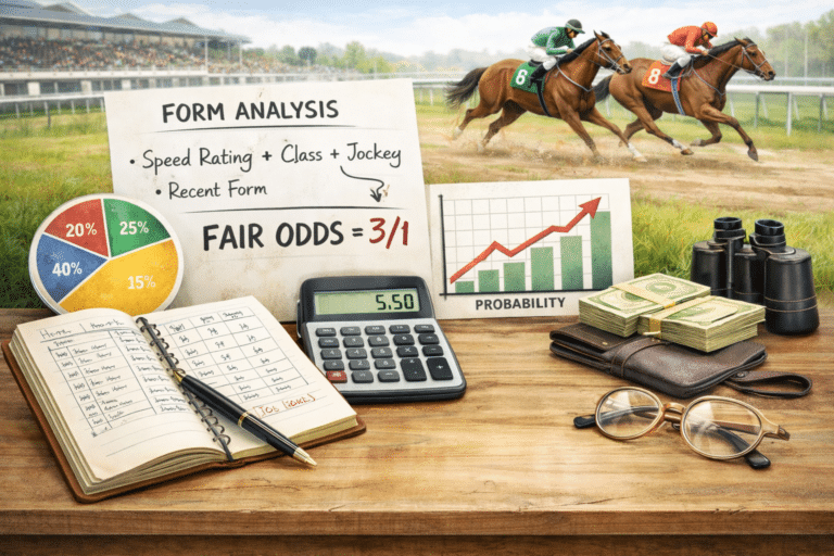 Horse racing odds analysis setup with ratings notebook, calculator and probability charts beside a racetrack during a race for article on On Course Profits.