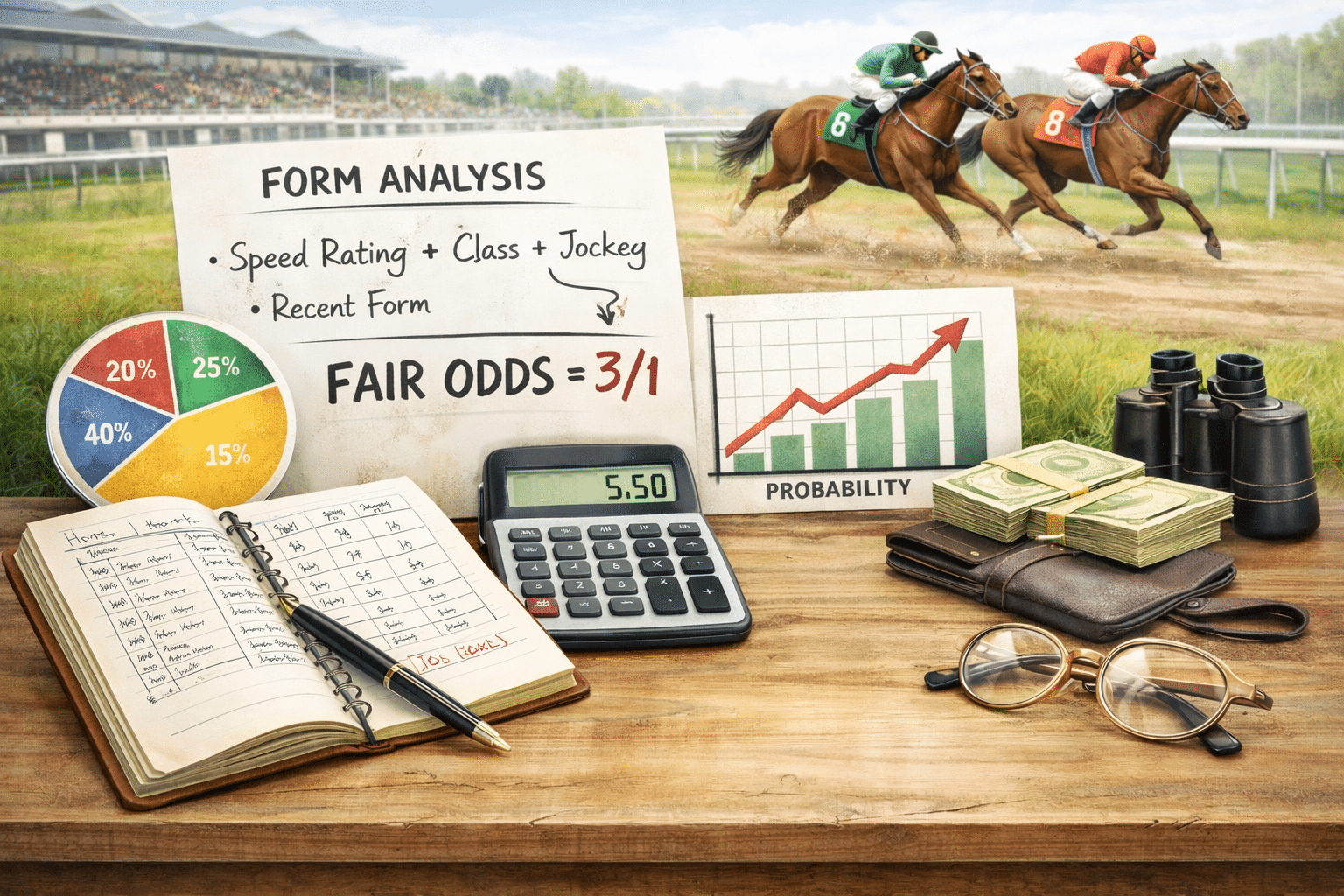 Horse racing odds analysis setup with ratings notebook, calculator and probability charts beside a racetrack during a race for article on On Course Profits.