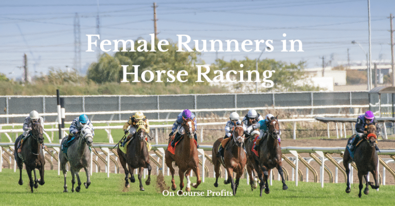 Image shows eight horses and jockeys racing on the flat turf with the text overlay Femmle Runners in Horse Racing, and On Course Profits.