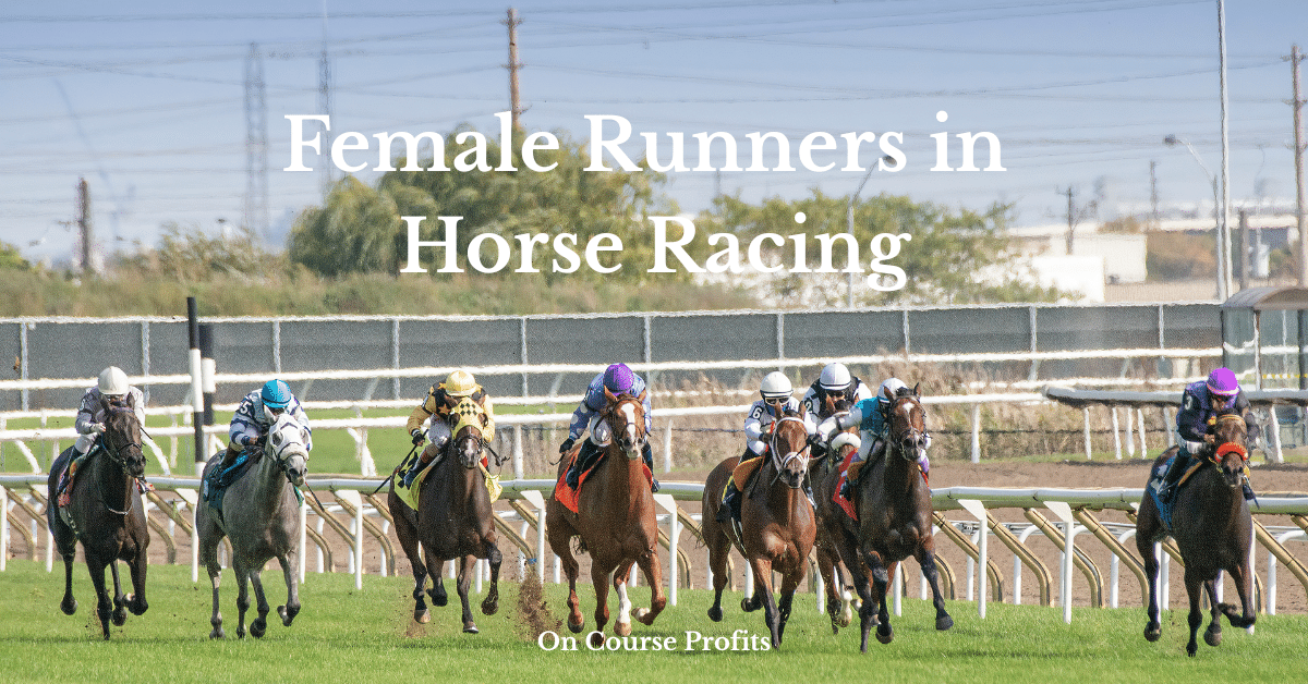 Image shows eight horses and jockeys racing on the flat turf with the text overlay Femmle Runners in Horse Racing, and On Course Profits.