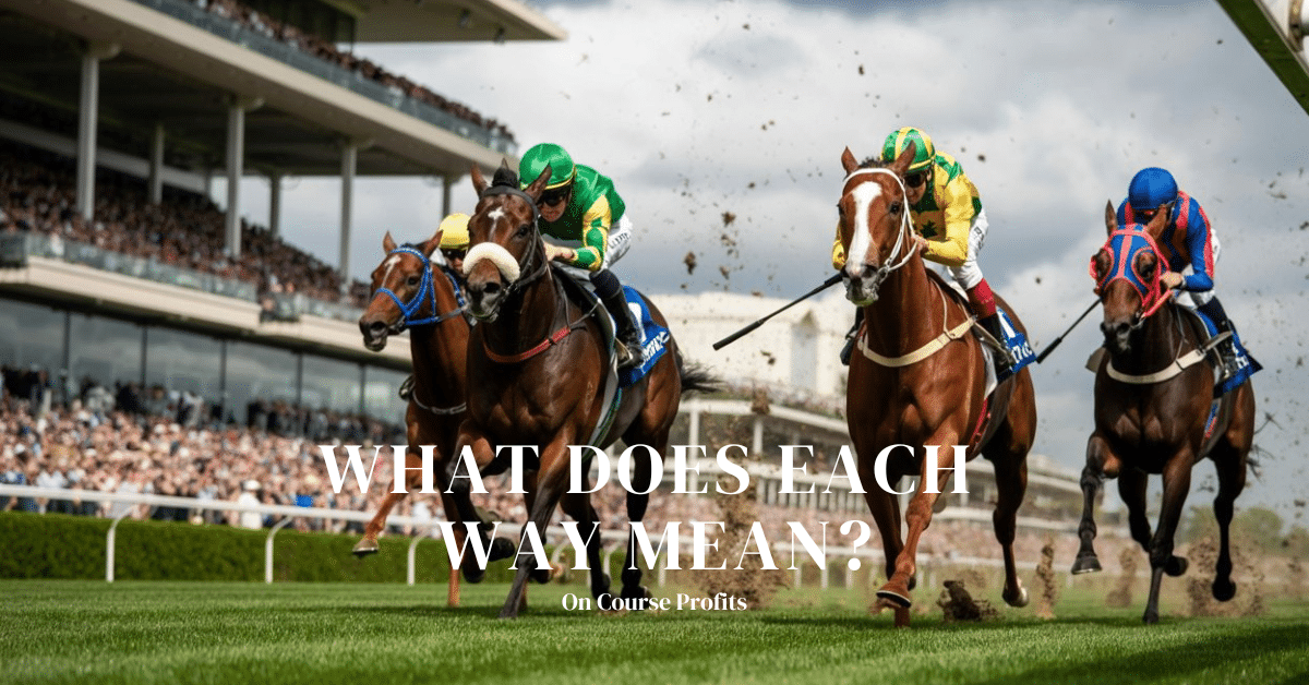 Three racehorses sprint neck-and-neck toward the finish line on a grassy racetrack, with jockeys in green, yellow, and blue silks leaning forward intensely. Dirt and grass fly beneath the horses’ hooves as a dramatic cloudy sky and crowded grandstand create a high-energy racing atmosphere