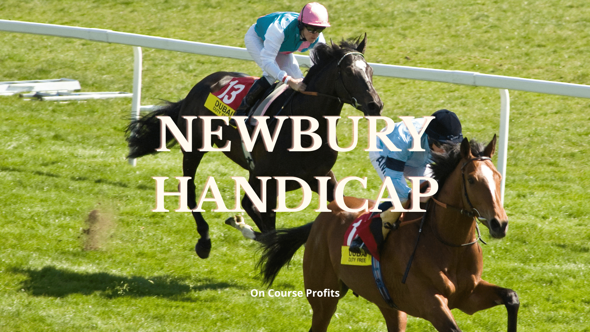 Image showing two horses racing on turf.