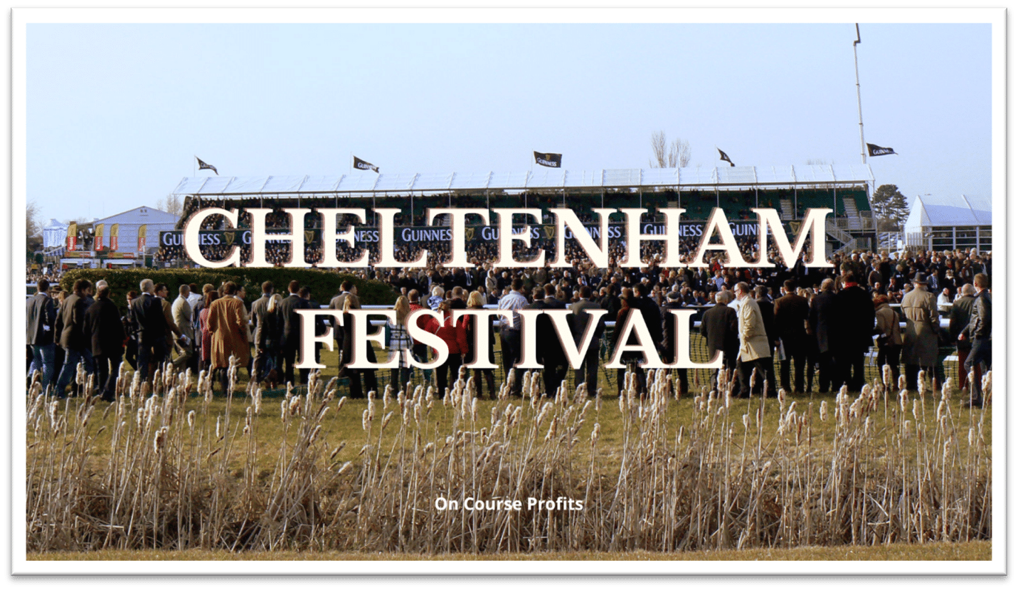 Image shows a crowd of people at the races at Cheltenham racecourse.