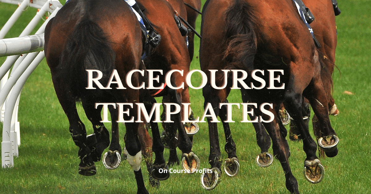Image shows the back of horses galloping around a bend on a turf racecourse.