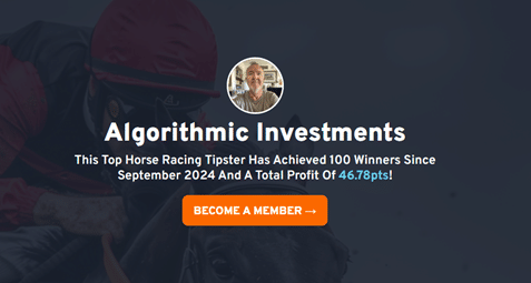 Image shows Algothimic Investments in white text on a blue background with image of the tipster in the centre.