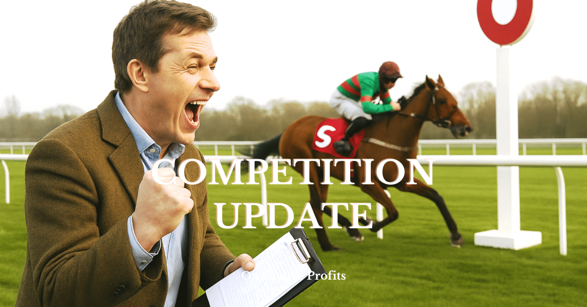 A jubilant horse racing tipster in a brown blazer cheers with a raised fist as his selected horse, ridden by a jockey in green and red silks, crosses the finish line with a red number 5 saddle cloth at a grassy racecourse.