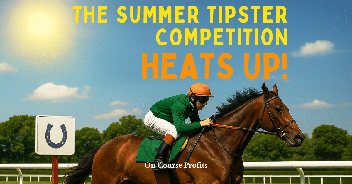 Images shows a jockey in orange and green silks riding a brown horse. There is a text overlay which says The Summer Tipster Competition Heats Up!