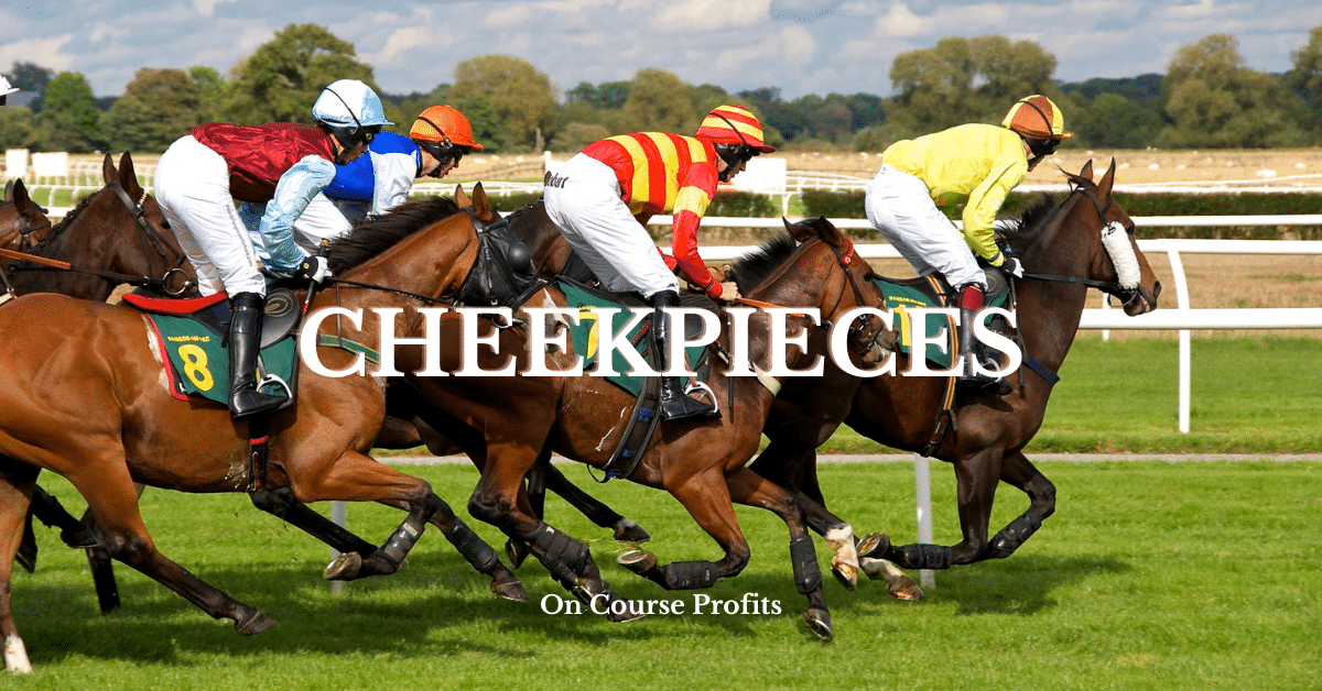 Image shows horses racing and some weraing headgear including cheekpieces.