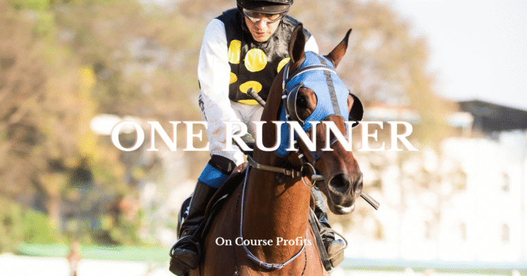 Image shows a horse and jockey (wearing black yellow and white silks), with a text overlay saying One Runner.