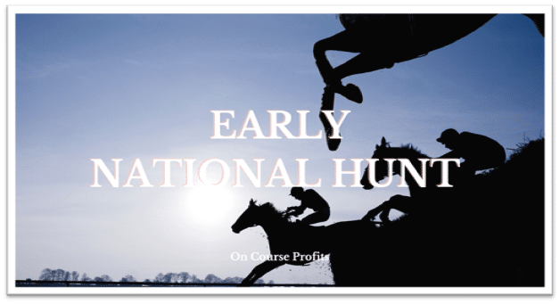 Early Season National Hunt scene shows sillhouette images of three horses jumping a fence.