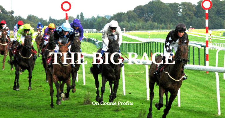 Horses racing on sift turf with overlay "The Big Race"
