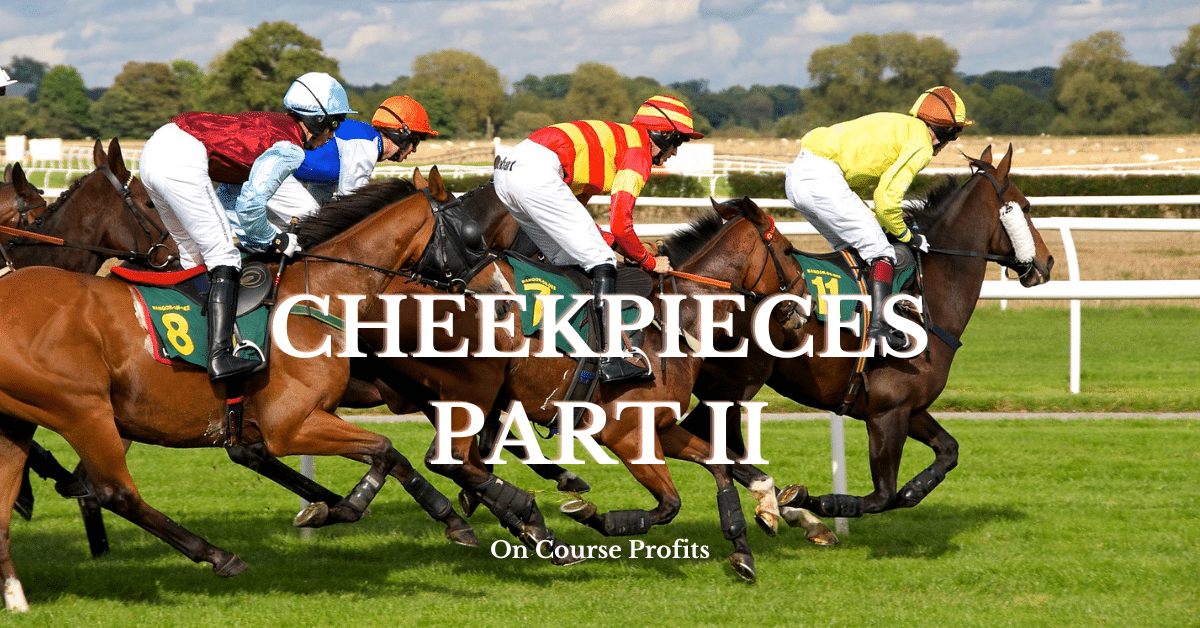 Image shows horses galloping on a race track. The jockeys are wearing red yellow and white silks. The horse in front is wearing cheekpieces. There is a text overlay which reads Cheekpieces Part II.