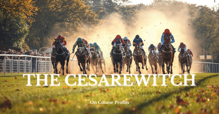 Image shows horses galloping on a turf track with dust being kicked up by their hooves.