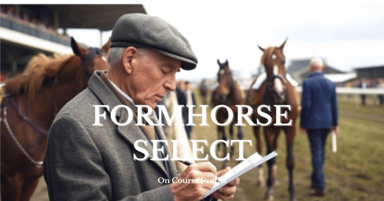 Image shows a mature gentleman in a flat pack at the racecourse studying the form. There are horses being led down the track behind him.