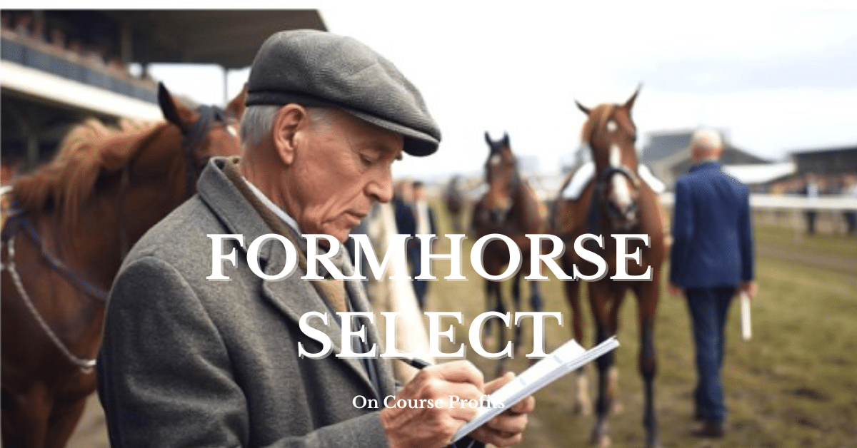 Image shows a mature gentleman in a flat pack at the racecourse studying the form. There are horses being led down the track behind him.