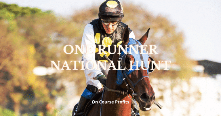 Image shows jockey in black, yellow and white silks riding a chesnut horse with a hood on.