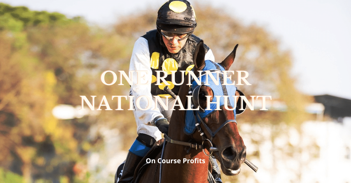 Image shows jockey in black, yellow and white silks riding a chesnut horse with a hood on.
