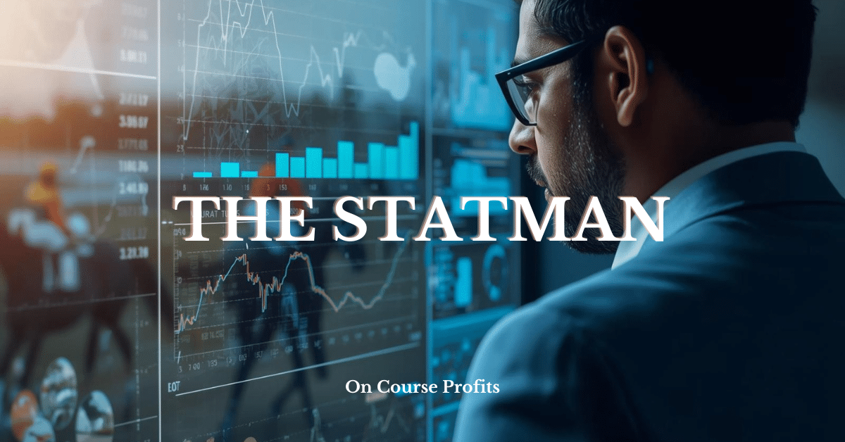 Image shows a man looking at statistics and horse races on a screen.