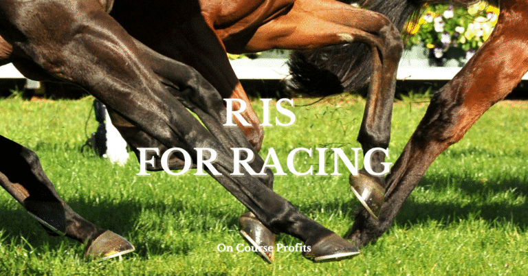 Image shows horses legs and hooves galloping on a turf track. There is a text overlay which says R is For Racing.
