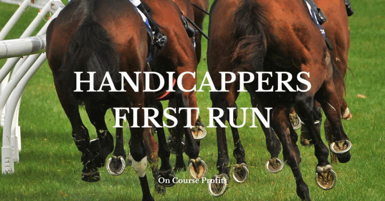 Image shows horses galloping on the turf. There is a text overlay which says Handicappers First Run.