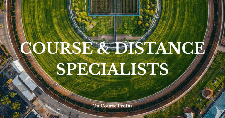 Image shows an aerial view of a racecourse with the text overlay of Course and Distance Specialists.