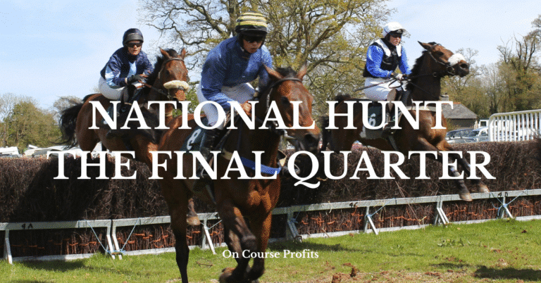 Image shows racehorses jumping a hurdle with the text overlay of National Hunt The Final Quarter