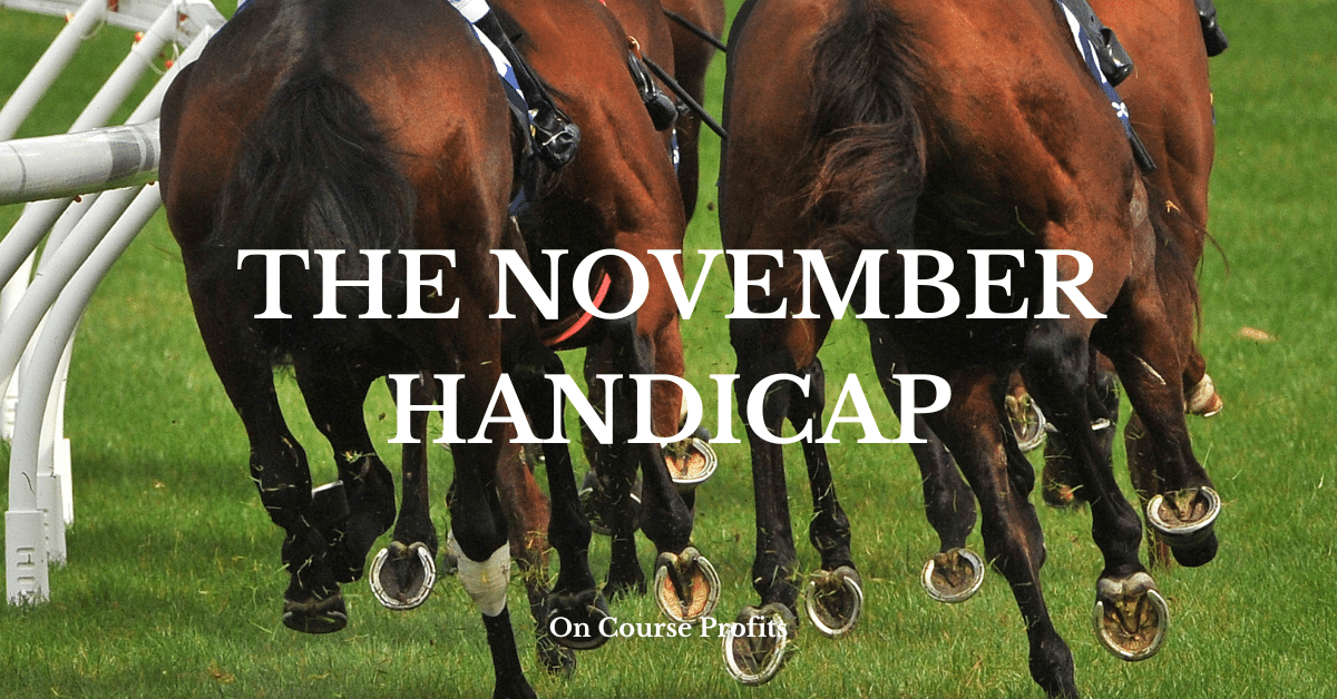 Image shows horses galloping on a turf track with the text overlay of The November Handicap