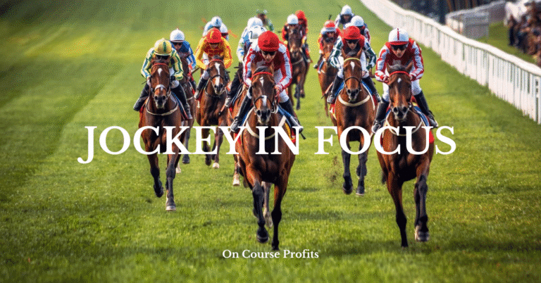 Image shows racehorses running on a turf track with a text overlay of Jockey in Focus