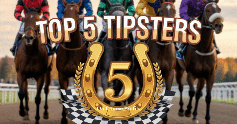Image shows horses racing with a chequered flag and a text overlay of Top 5 Tipsters and a horshoe in gold with the number 5 in the centre.