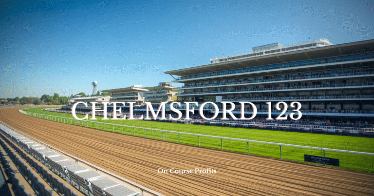 Image shows an all weather racecourse and the spectator stands.