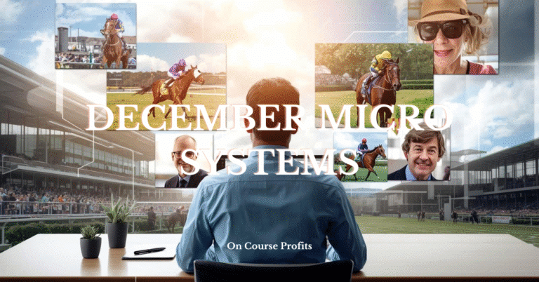 Image shows a man sitting at a desk looking out onto a horse race track. There are other images showing race horses and trainers around as if showing as a pc screen.