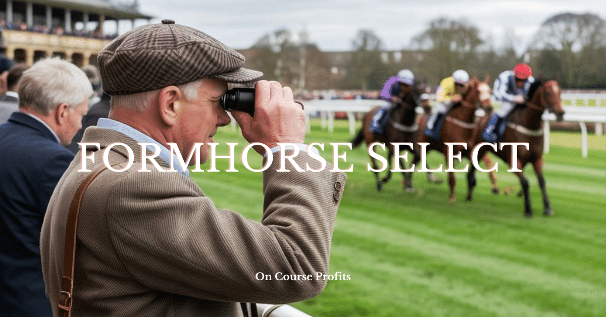 Image shows tipster at the racecourse watching the race using binoculars.