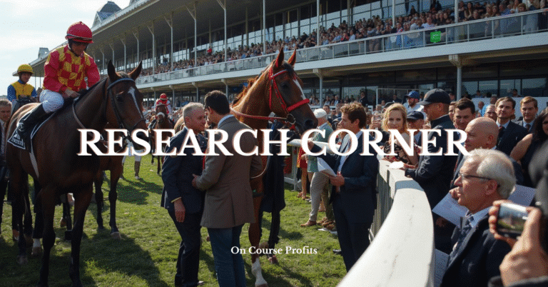 Image shows horse trianers and jockeys in the parade ring and spectators lookin gon.