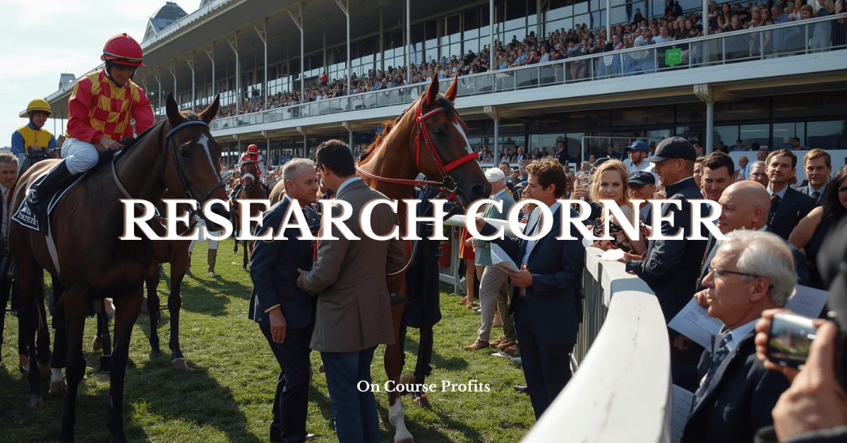 Image shows horse trianers and jockeys in the parade ring and spectators lookin gon.