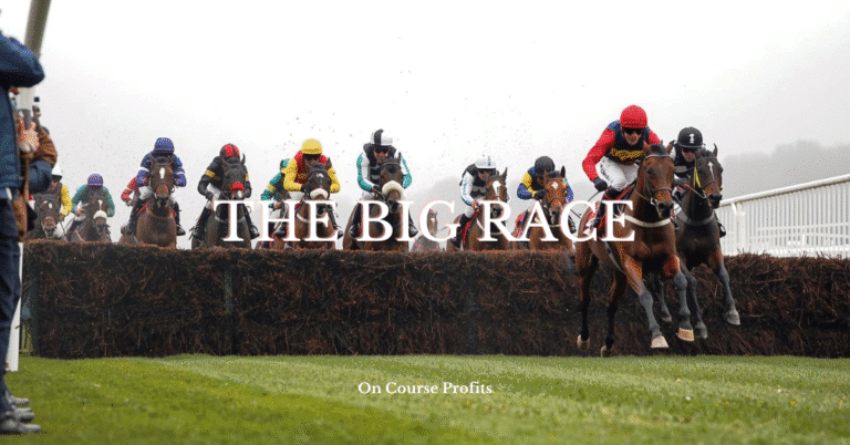 Image shows horses jumping a chase fence withone horse out in front. There is a tect overlay which says "The Big Race"
