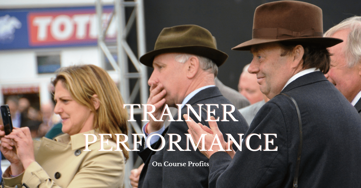 Image shows Nicky Henderson at race track with text overly "Trainer Performance"