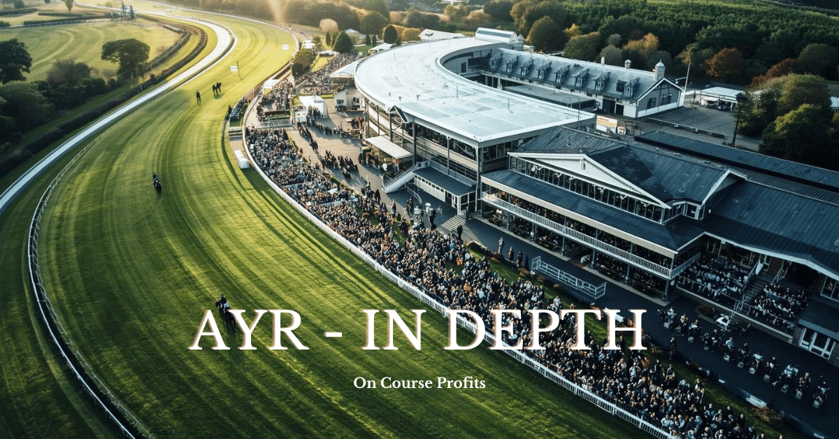 Image shows a turf horse racing course in the UK with text overlay of Ayr In Depth