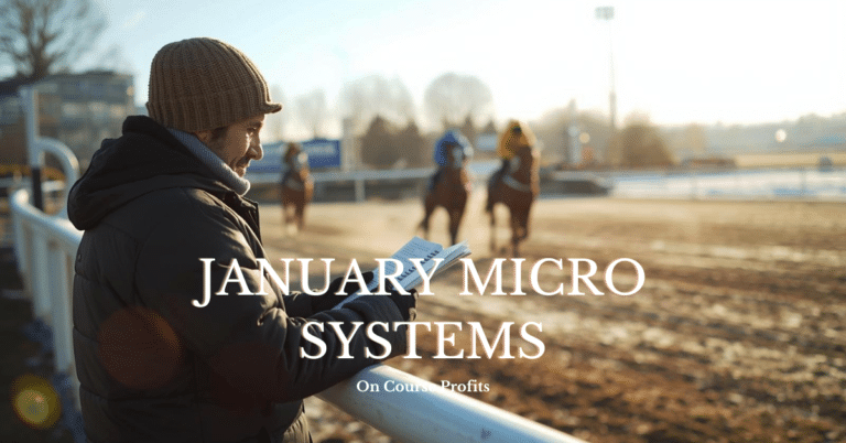 Tipster studying form from the rails at a race track with January Micro Systems overlayed in text.
