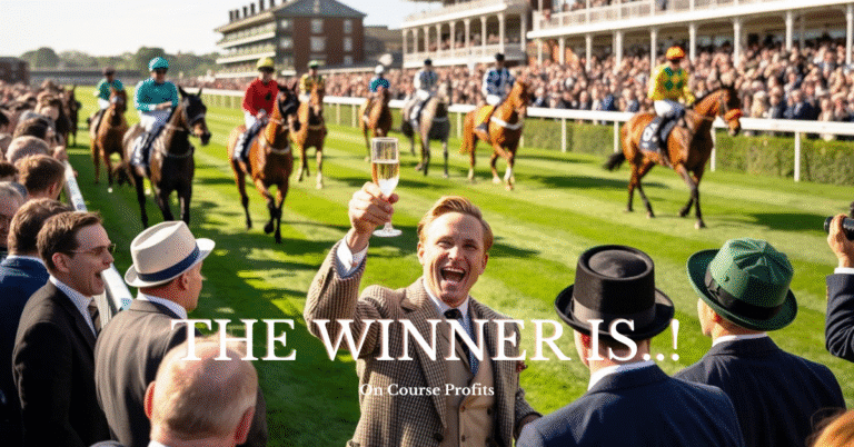 A vibrant photograph of a celebratory scene at a traditional British racecourse as the horse racing tipster of the year is announced. In the foreground, a well-dressed gentleman in a tweed jacket raises a champagne glass triumphantly while surrounded by cheering crowd members in typical race day attire including elegant hats and formal suits. Behind them, thoroughbred horses with colorful silked jockeys parade past the classic Victorian grandstand, while the iconic betting ring bustles with bookmakers calling odds from their elevated pitches. Golden afternoon sunlight bathes the scene, highlighting the manicured green turf and the quintessentially British racing atmosphere of excitement and tradition.