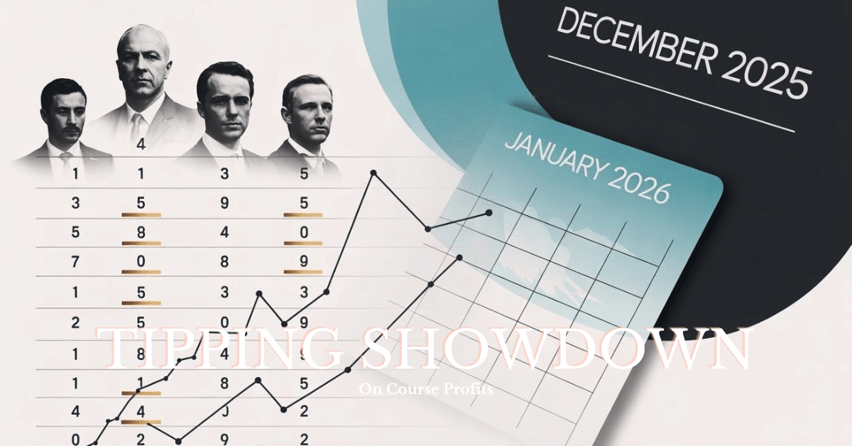 Image shows 4 tipsters headlining a graph with a calendar in the background showing december 2025 and January 2026