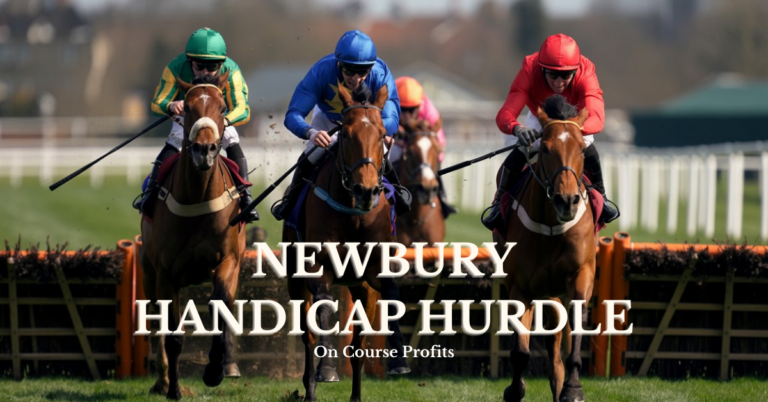 Image shows three horses at the forefront of a horse race over hurdles on the turf with the text overlay Newbury Handicap Hurdle