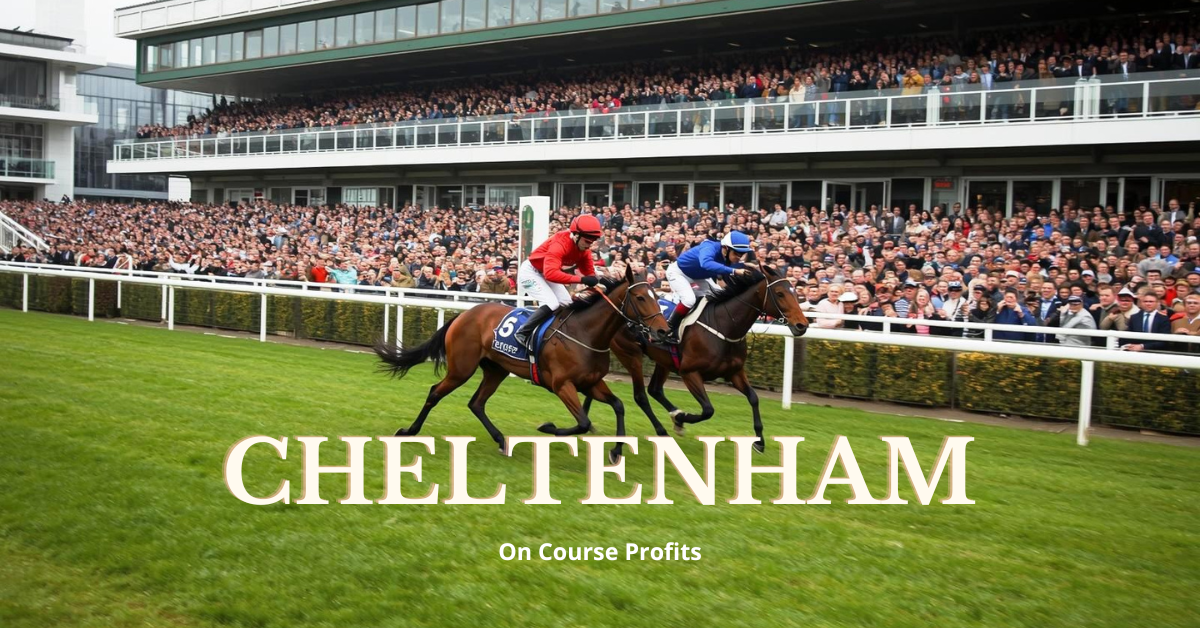 Image shows two horses racing on the Cheltenham track on the final straight.