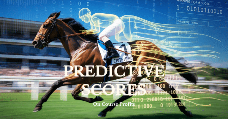 Image shows a racehorse ridden by a hologram created jockey , with binary numbers and a text overlay which says Preedictive Scores
