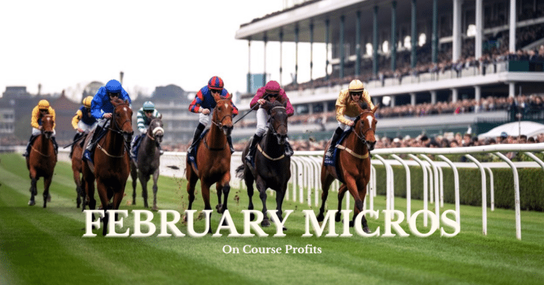 Image shows seven racehorses and their jockeys galloping up a turf track.