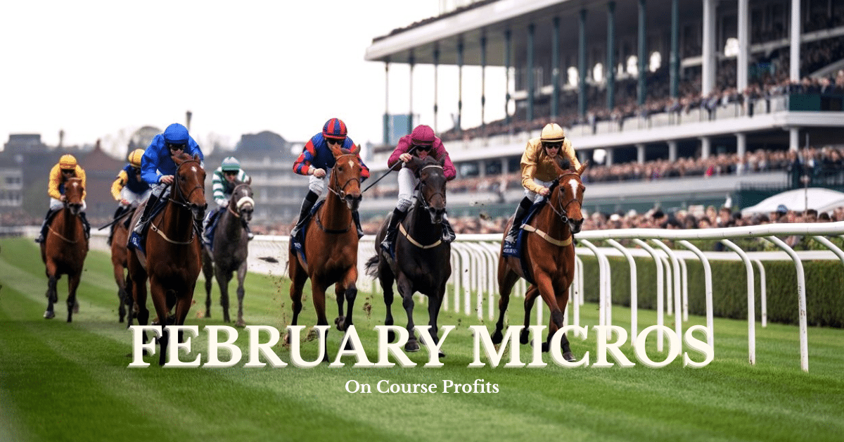Image shows seven racehorses and their jockeys galloping up a turf track.