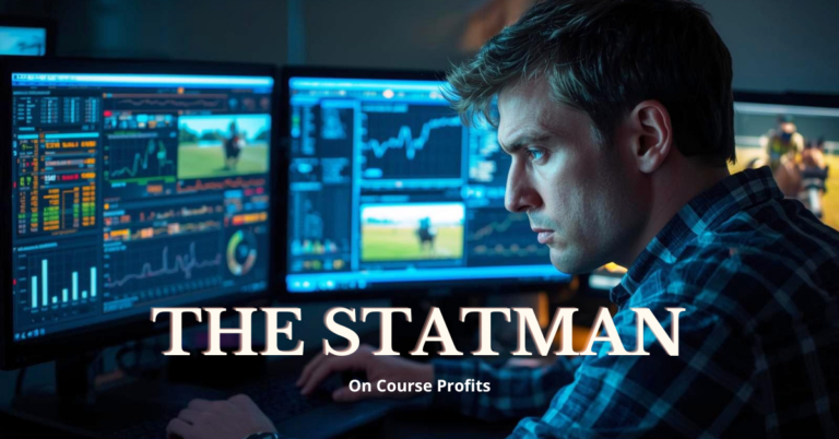 Image shows a man in his late 30's / early 40's sitting infront of a bank of computers analyuising horse racing data with the text overlay The Statman