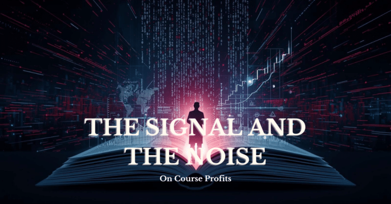 Image shows a tech image of a man standing on a book with a dark science fiction style setting. There is a text overlay which says "The Signal and The Noise"
