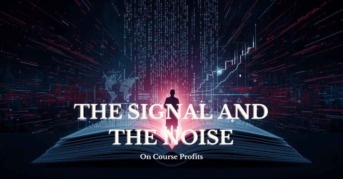 Image shows a tech image of a man standing on a book with a dark science fiction style setting. There is a text overlay which says "The Signal and The Noise"