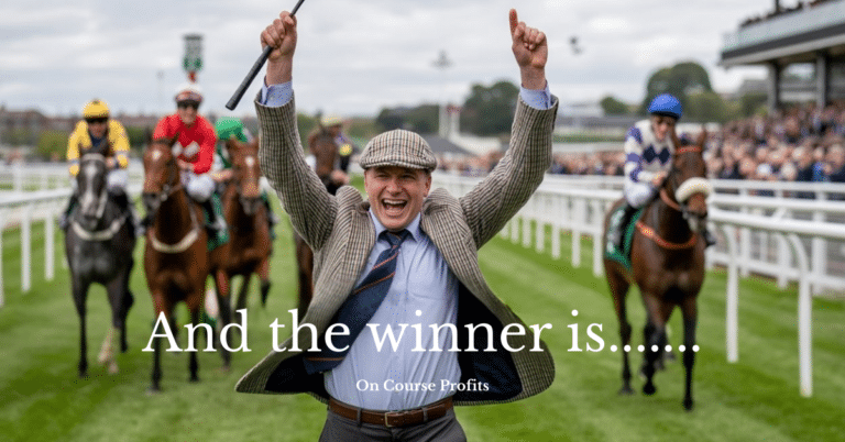 Image shows a man racing acress the finish line in a horse race with his arms raised. There is a text overlay which reads "And the winner is...."